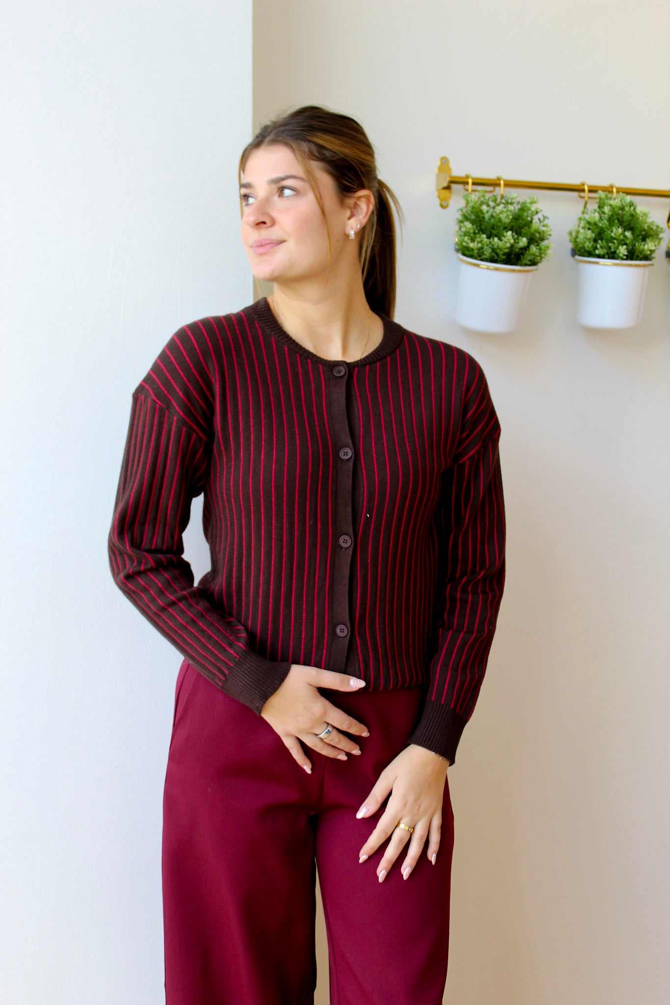 Moe Cardigan - Cacao + Malbec Stripe