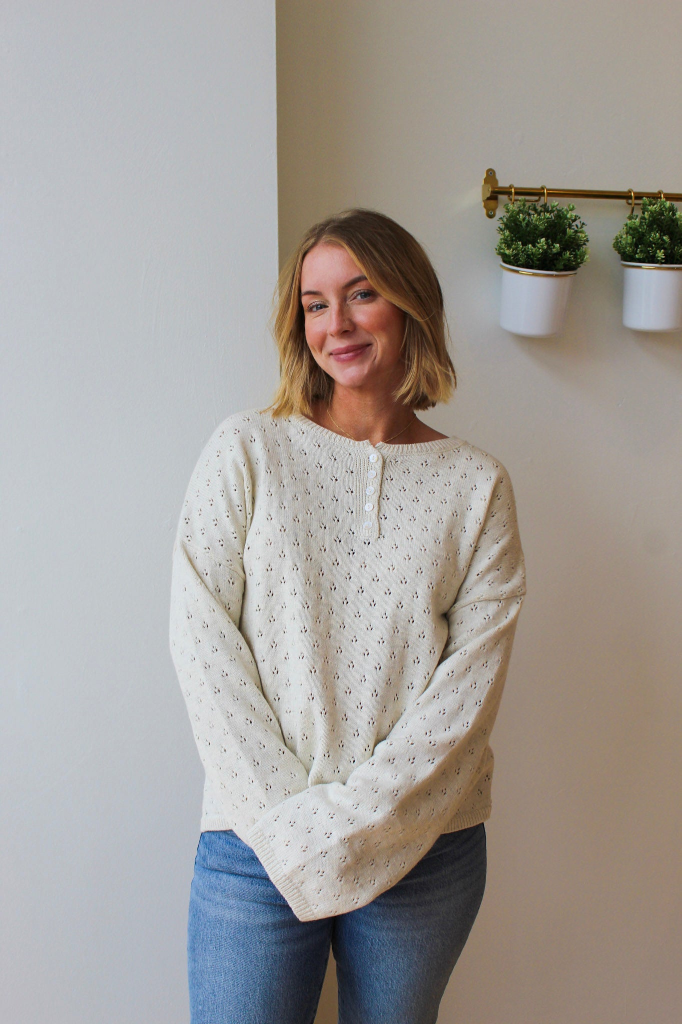 Delilah Eyelet Pullover Sweater - Heather White