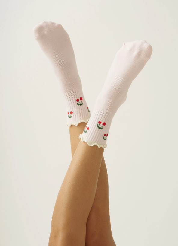 Cherry Ruffle Grip Socks - Baby Pink