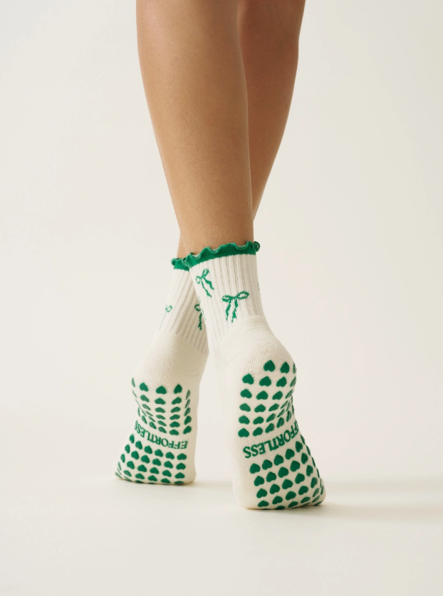 Green Bow Ruffle Grip Socks