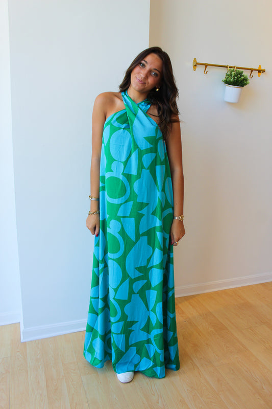 Green Abstract Halter Dress