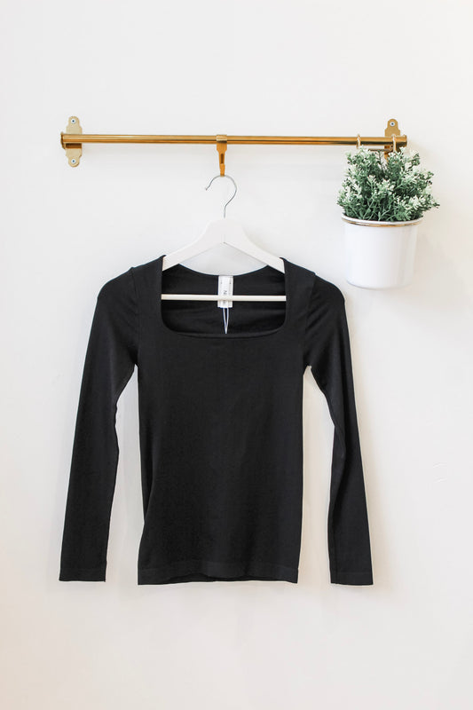 Square Neck Long Sleeve Top - Black