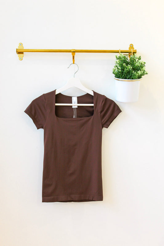 Square Neck Short Sleeve Top - Chocolate