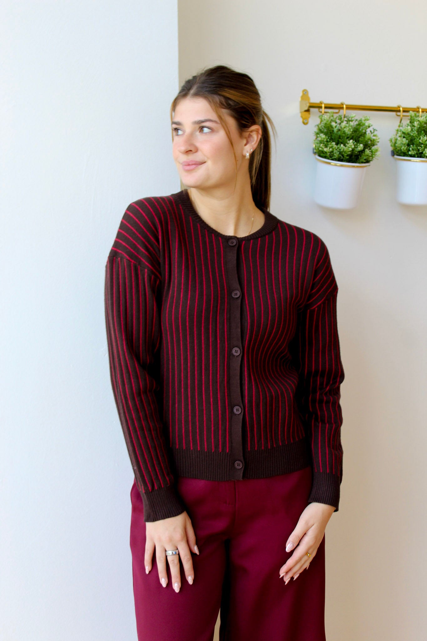 Moe Cardigan - Cacao + Malbec Stripe