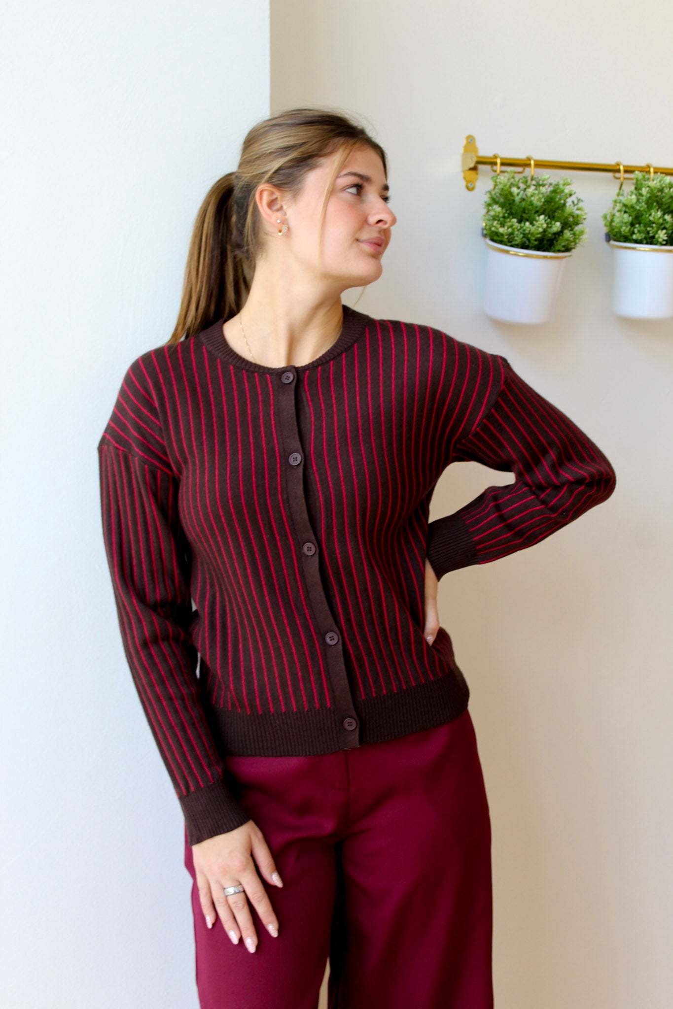 Moe Cardigan - Cacao + Malbec Stripe