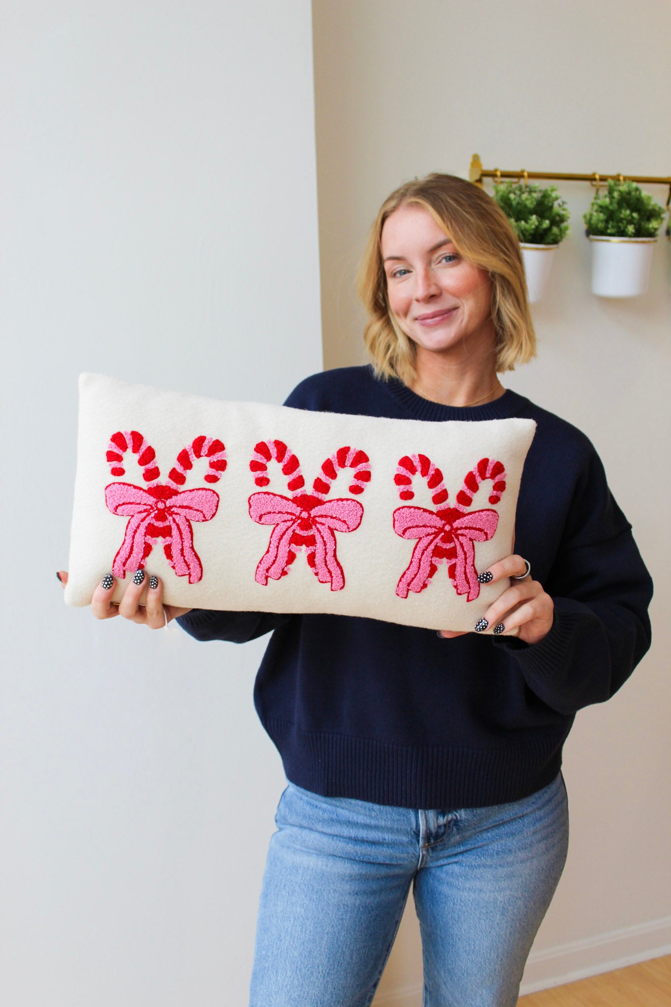 Pretty Candy Cane Tufted Pillow