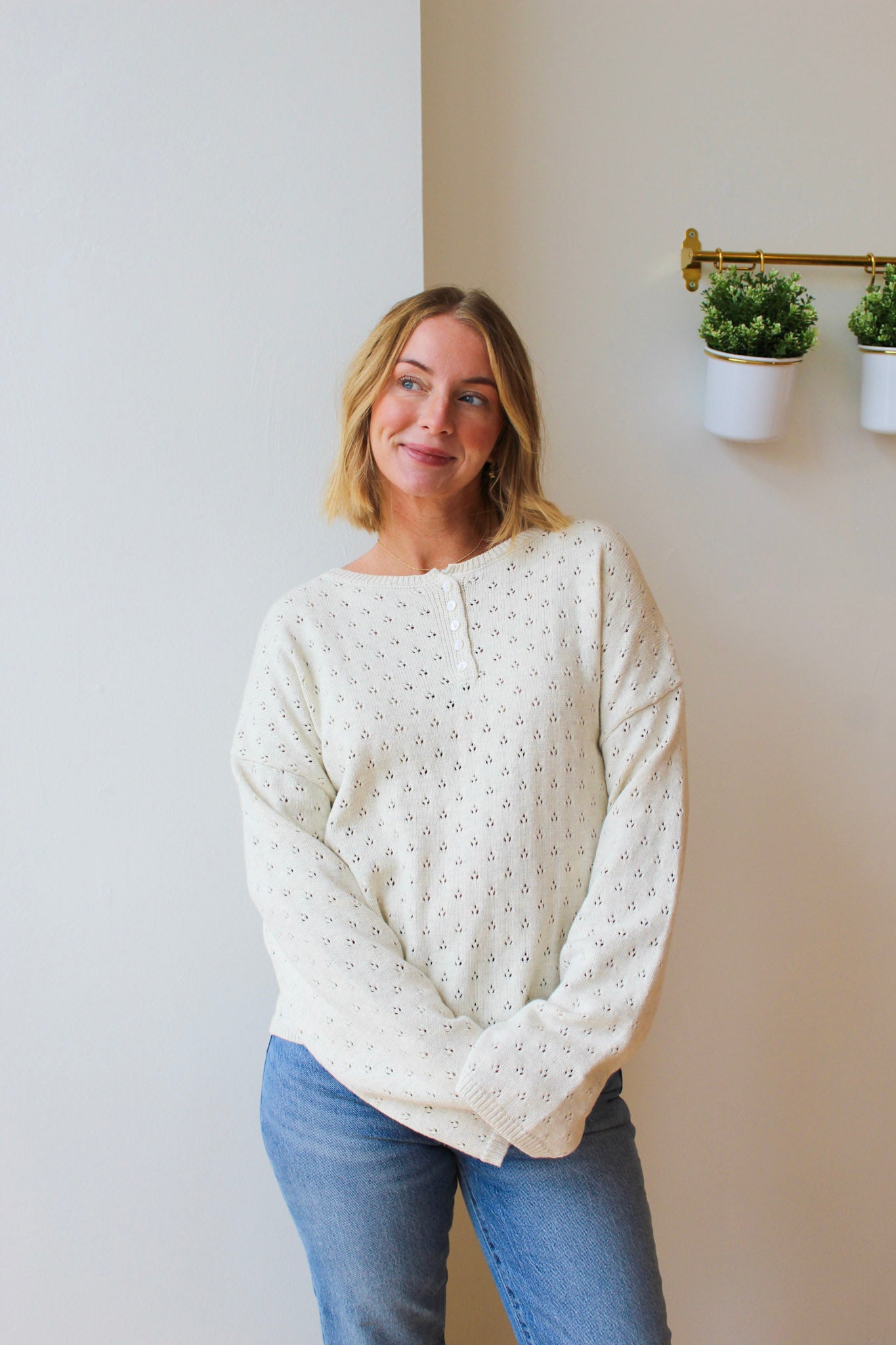 Delilah Eyelet Pullover Sweater - Heather White