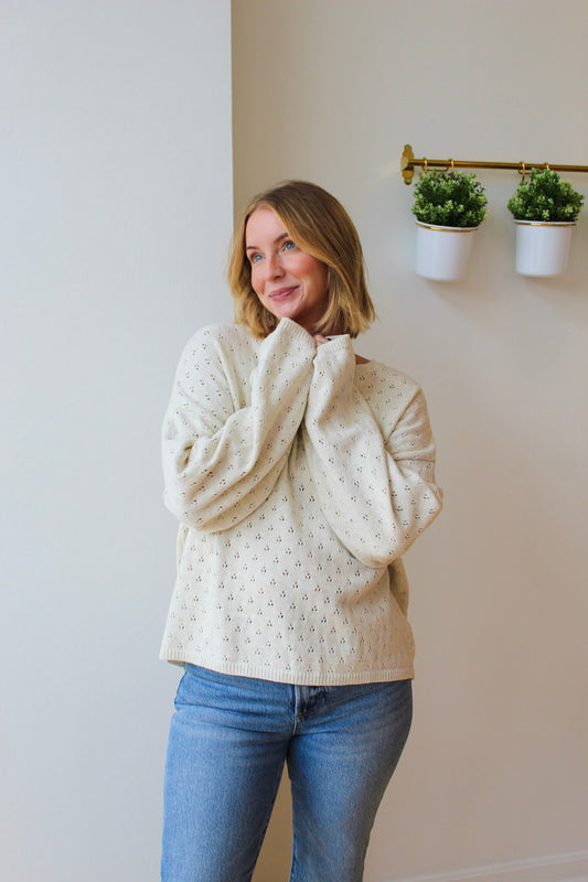 Delilah Eyelet Pullover Sweater - Heather White
