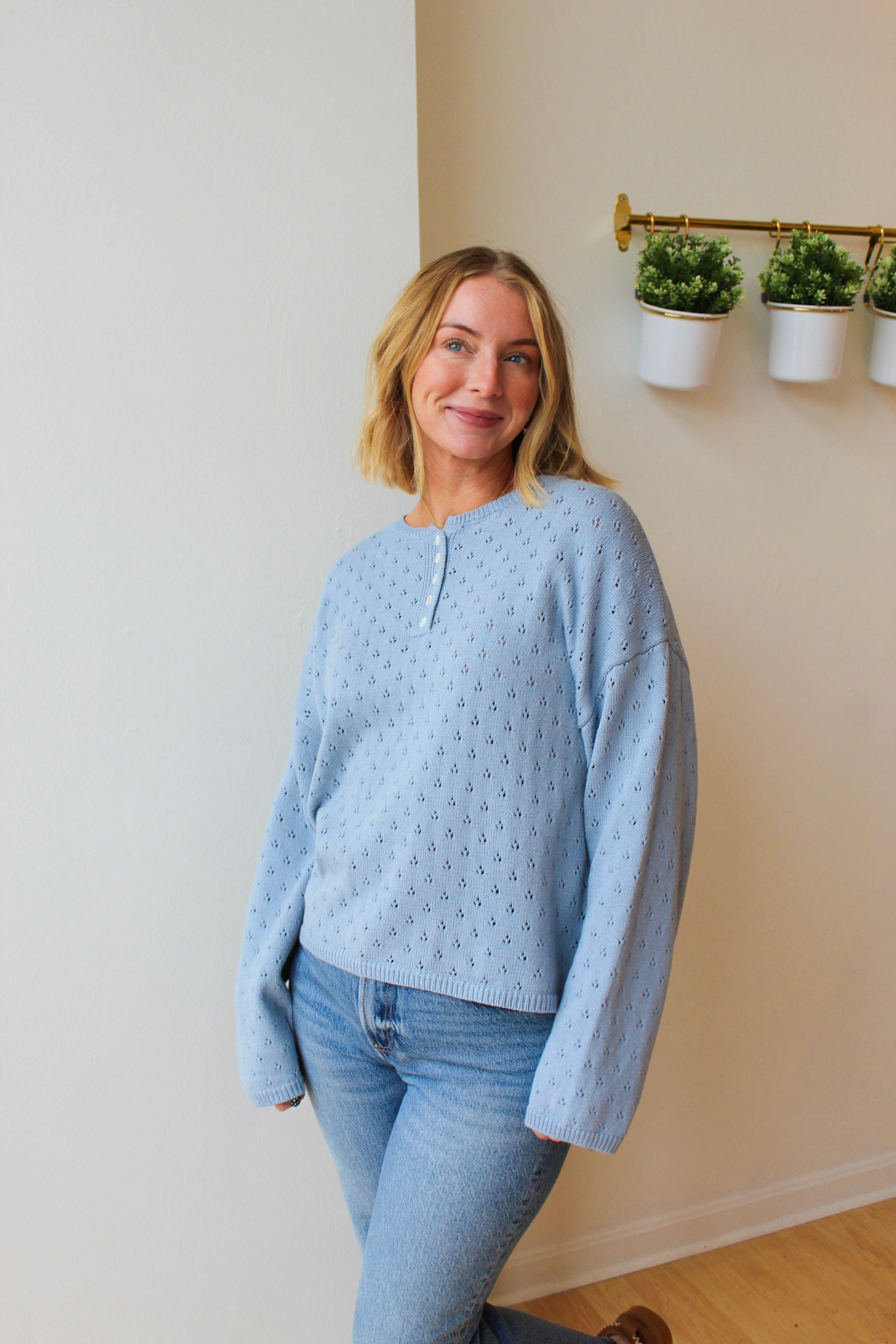 Delilah Eyelet Pullover Sweater - Dusty Blue