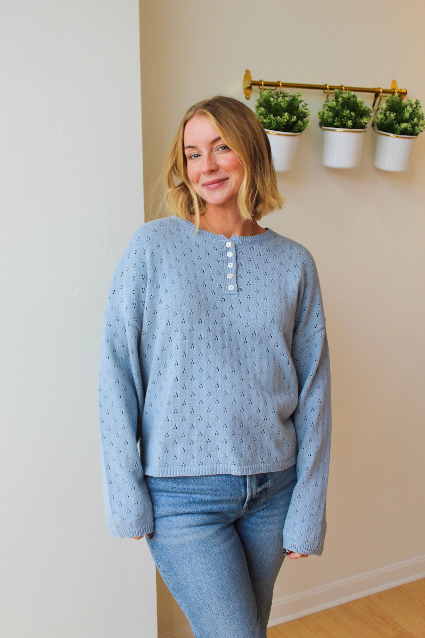 Delilah Eyelet Pullover Sweater - Dusty Blue