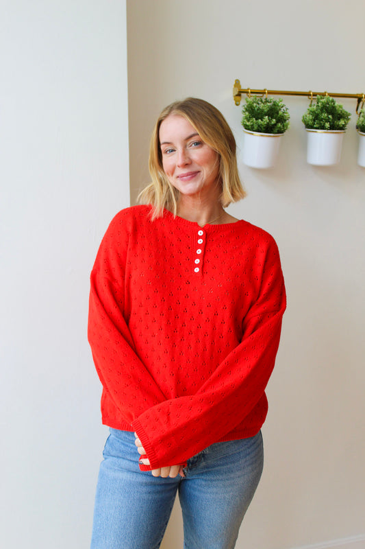 Delilah Eyelet Pullover Sweater - Red