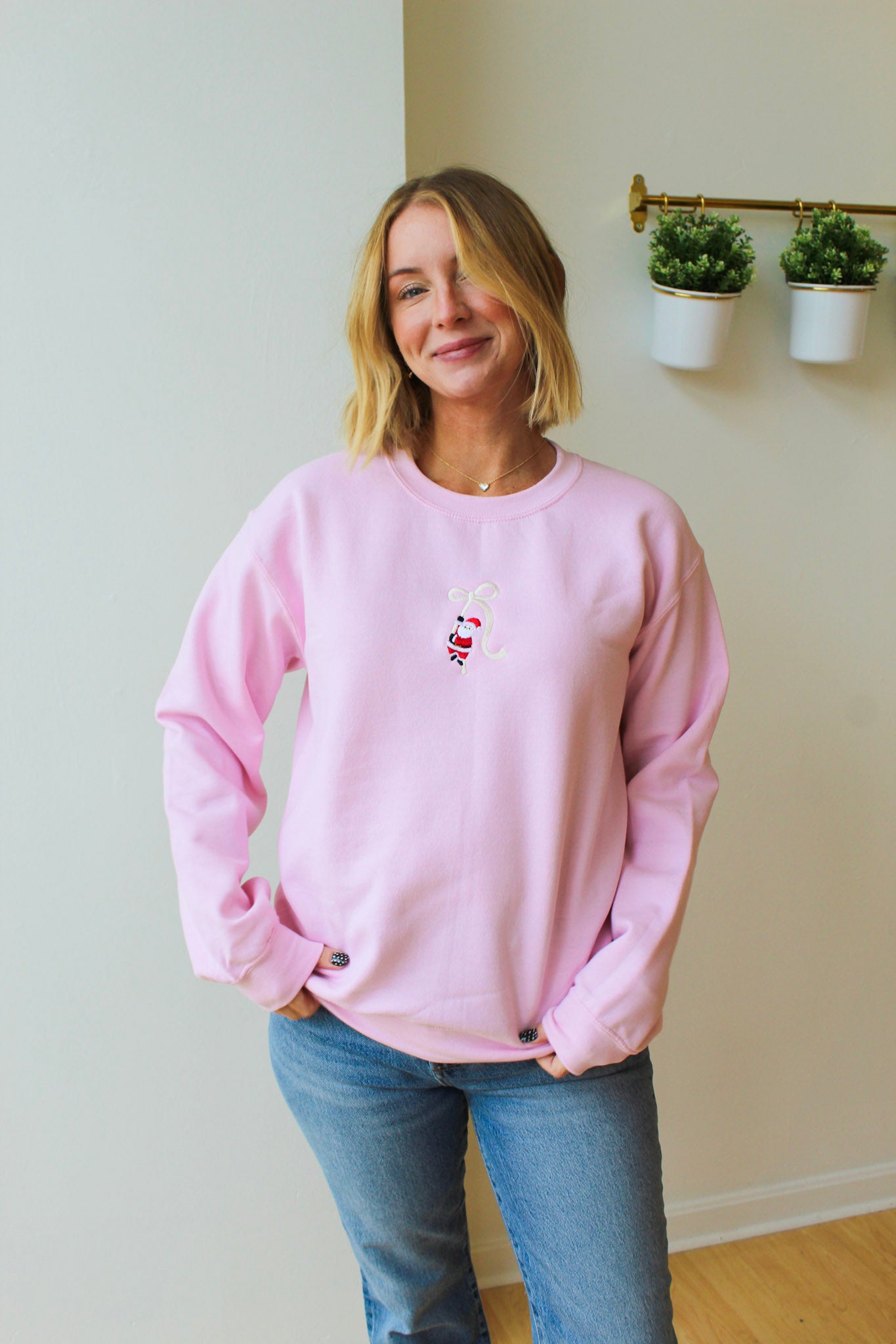 Ribbon Santa Embroidered Crewneck