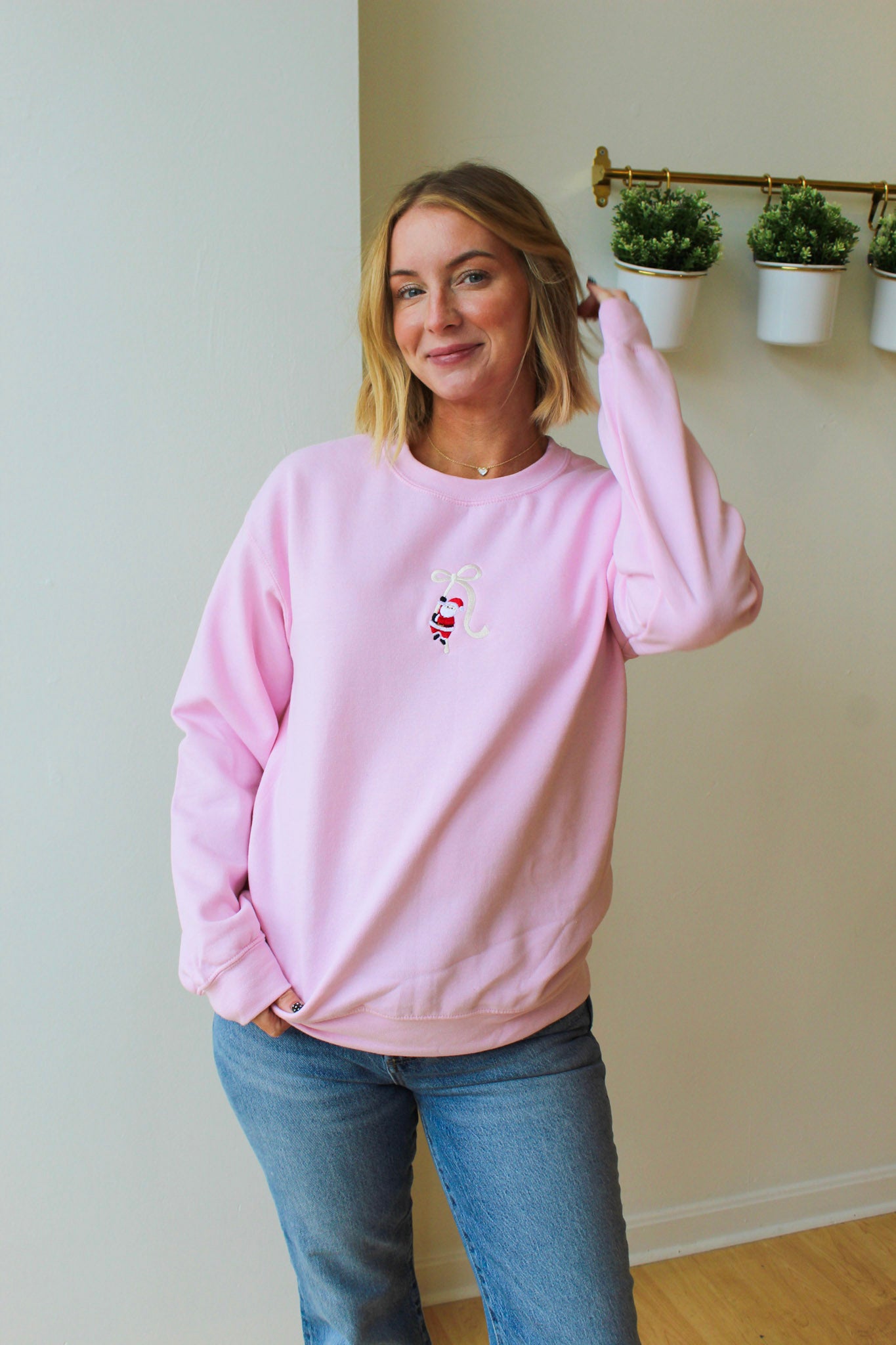 Ribbon Santa Embroidered Crewneck