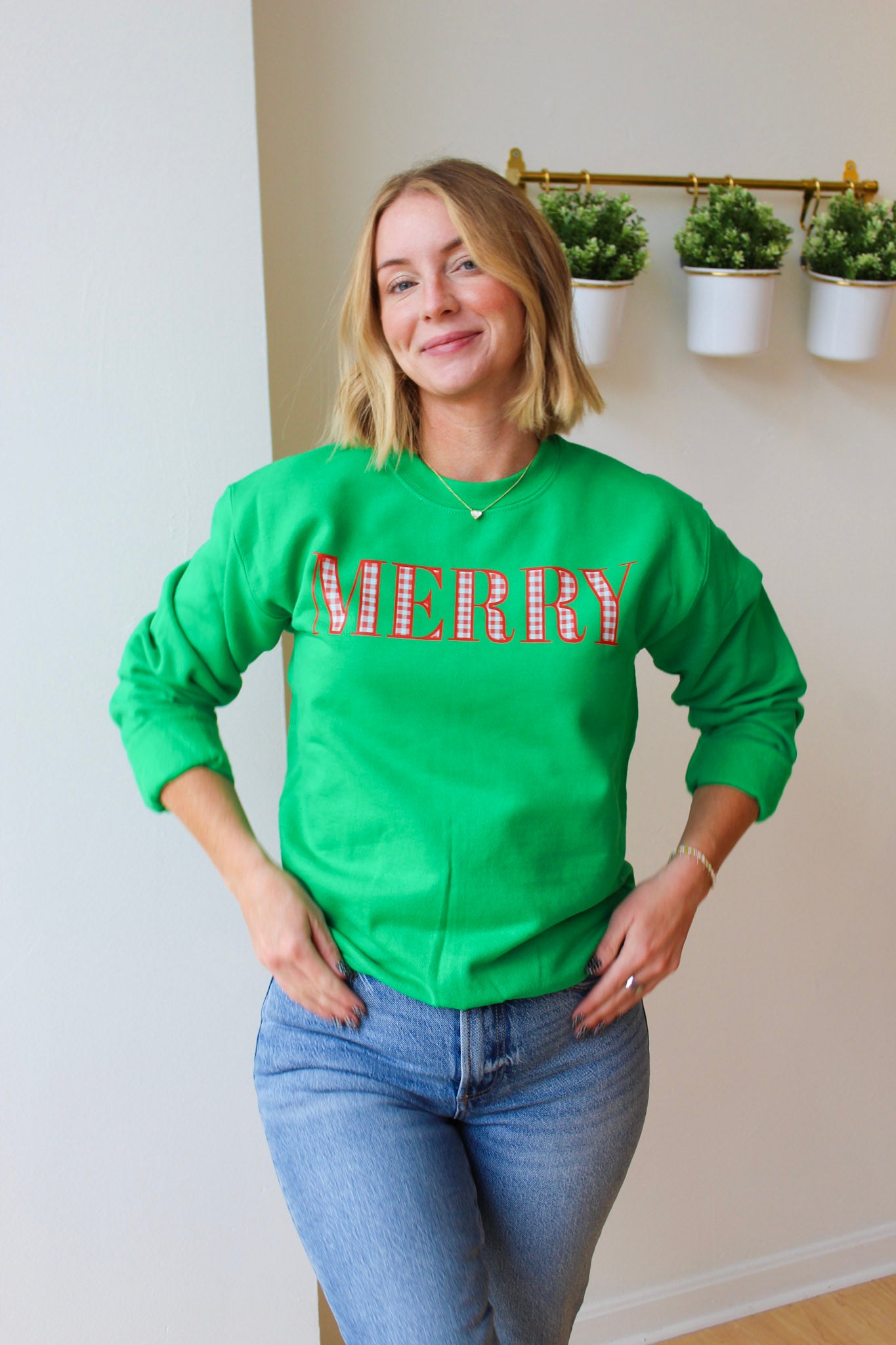 Green Plaid Merry Crewneck