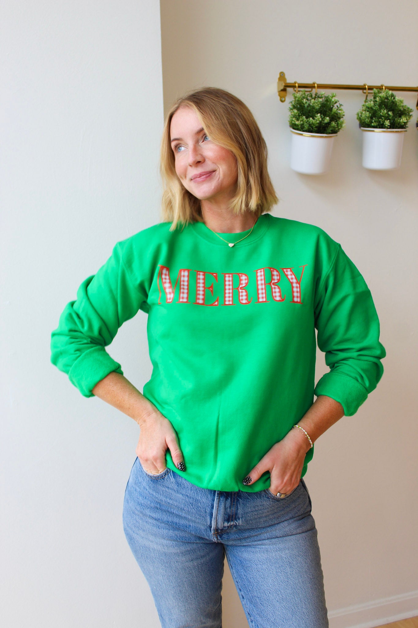 Green Plaid Merry Crewneck