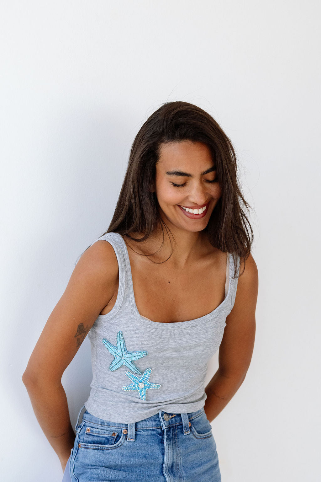 Elin Starfish Beaded Tank - Gray