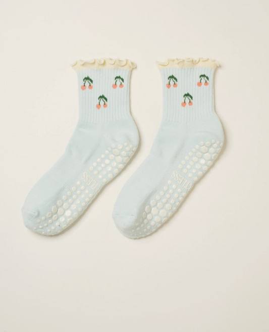 Cherry Ruffle Grip Socks - Baby Blue
