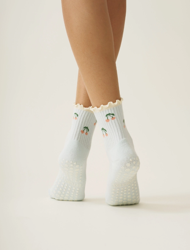 Cherry Ruffle Grip Socks - Baby Blue