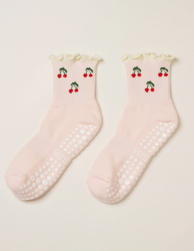 Cherry Ruffle Grip Socks - Baby Pink