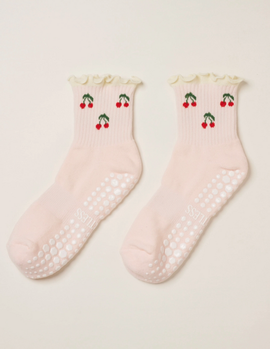 Cherry Ruffle Grip Socks - Baby Pink