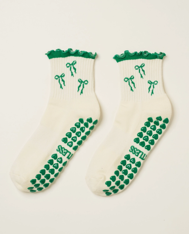 Green Bow Ruffle Grip Socks