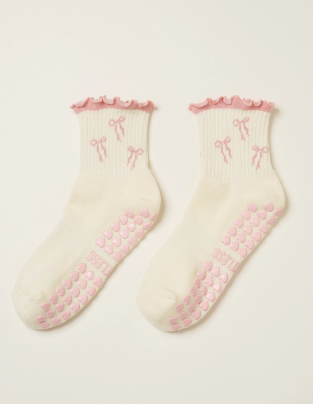 Pink Bow Ruffle Grip Socks
