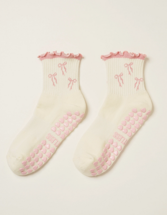 Pink Bow Ruffle Grip Socks