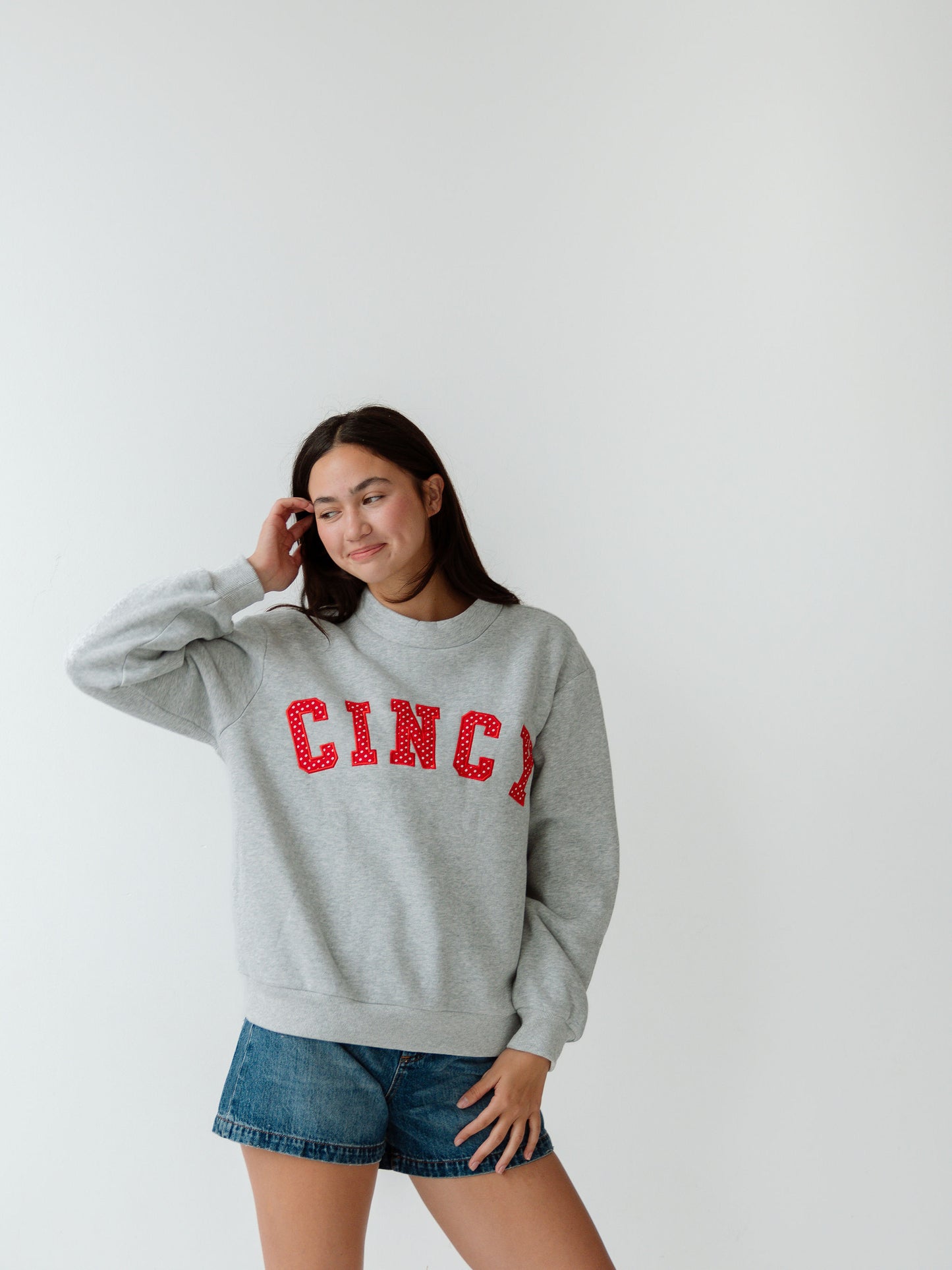 Cincy Mockneck - Gray/Red Polka Dot