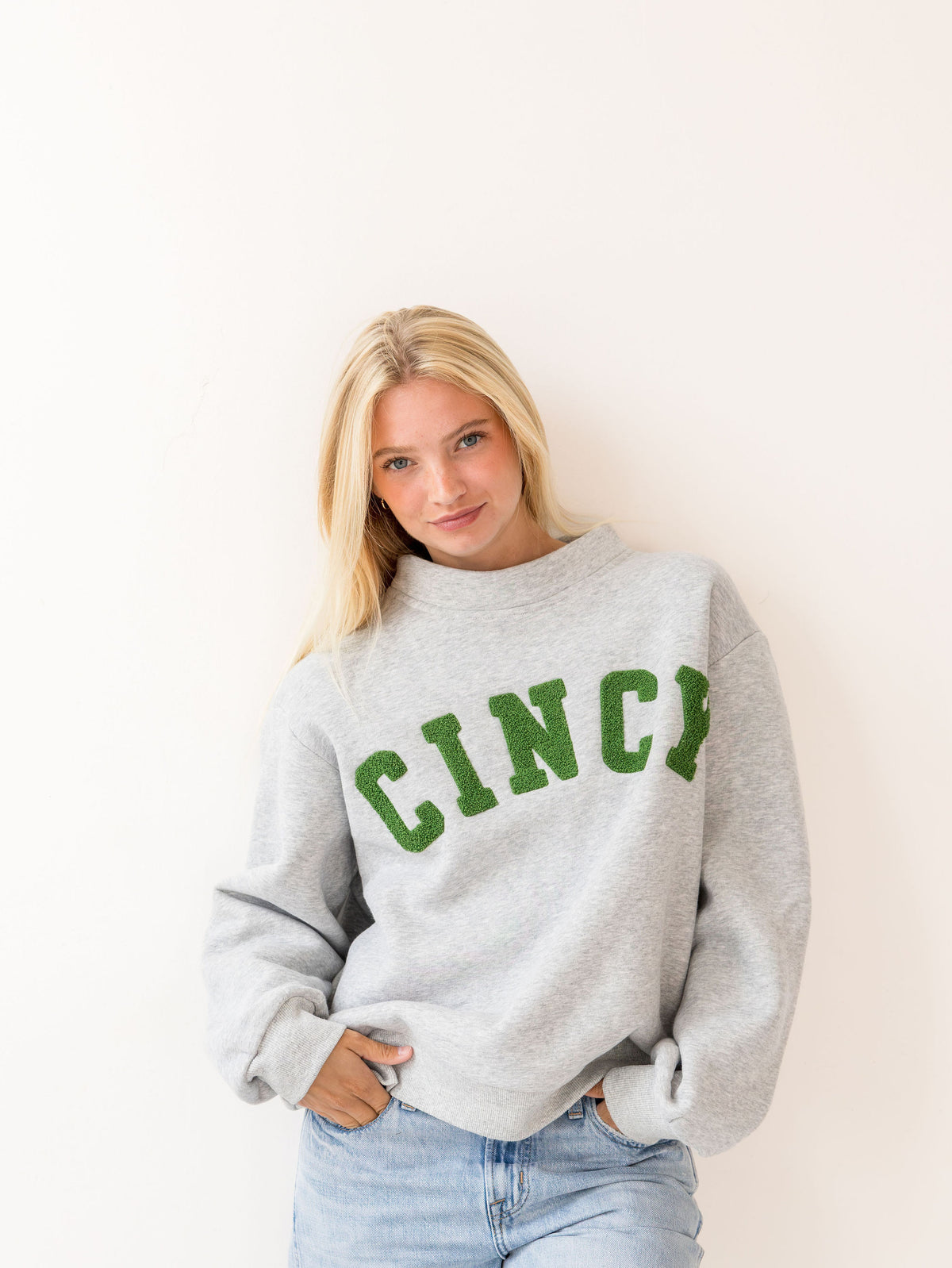 Cincy Teddy Mockneck - Heather Gray/Vintage Green
