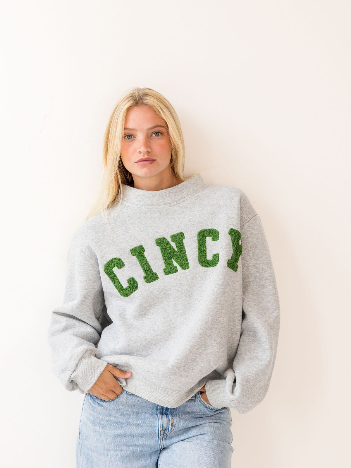 Cincy Teddy Mockneck - Heather Gray/Vintage Green