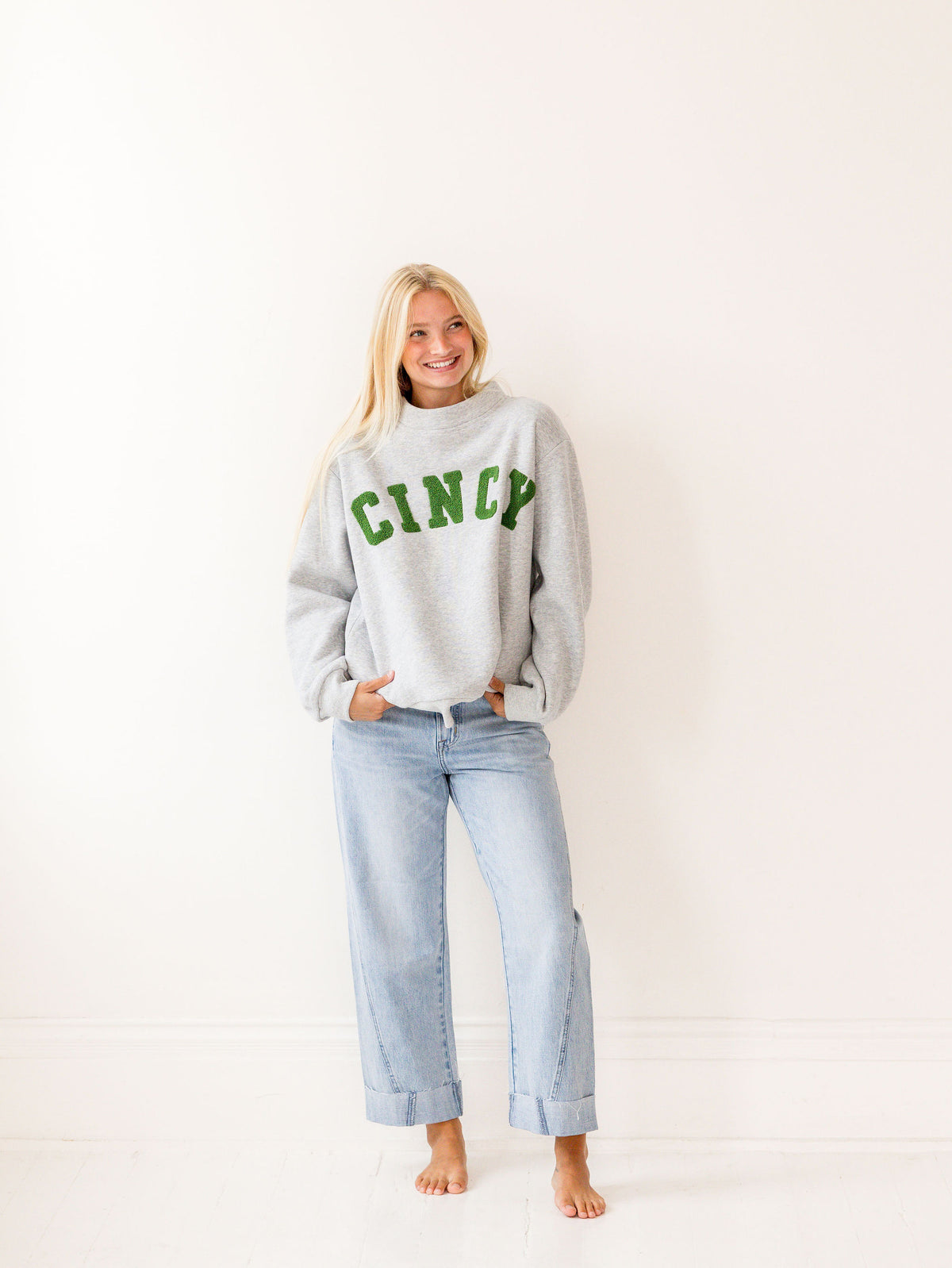 Cincy Teddy Mockneck - Heather Gray/Vintage Green