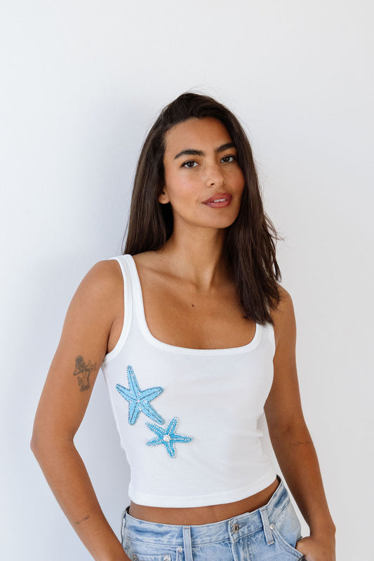 Elin Starfish Beaded Tank - White